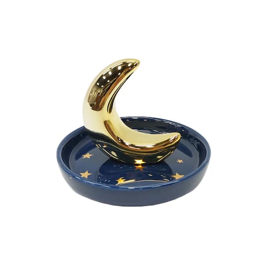 5" Blue & Gold Moon & Stars Ceramic Trinket Tray by Ashland®